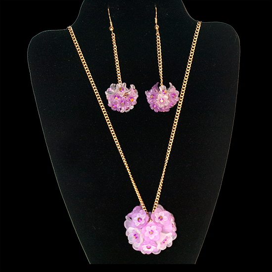 Hydrangea Necklace & Earrings Set - Lilac & White
