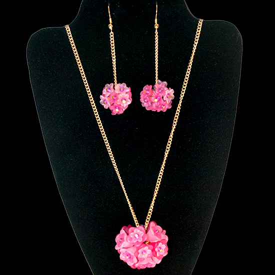 Hydrangea Necklace & Earrings Set - Deep Pink & Pale Pink